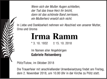 Traueranzeige von Irma Ramm von Vorpommern Kurier