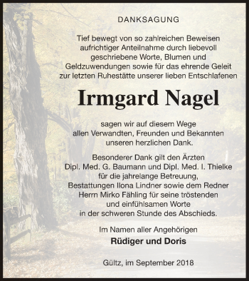 Traueranzeige von Irmgard Nagel von Neubrandenburger Zeitung