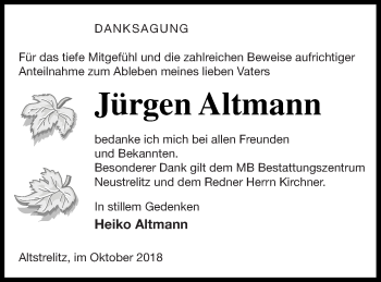 Traueranzeige von Jürgen Altmann von Strelitzer Zeitung