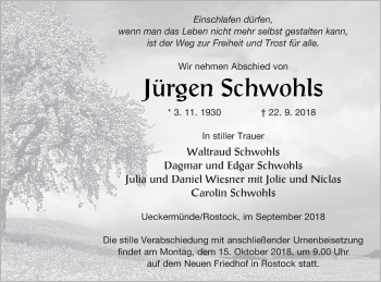 Traueranzeige von Jürgen Schwohls von Haff-Zeitung