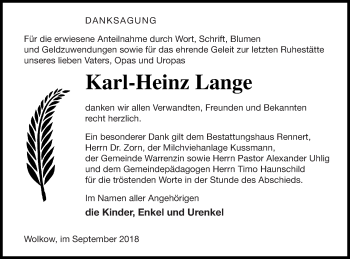 Traueranzeige von Karl-Heinz Lange von Demminer Zeitung