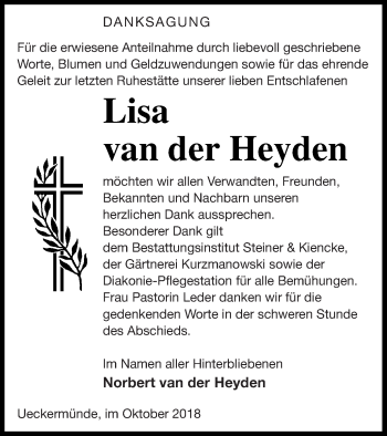 Traueranzeige von Lisa van der Heyden von Haff-Zeitung