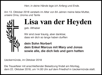 Traueranzeige von Lisa van der Heyden von Haff-Zeitung