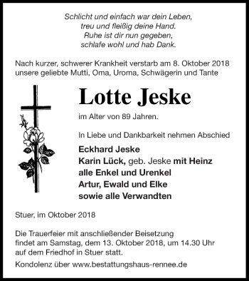 Traueranzeige von Lotte Jeske von Müritz-Zeitung