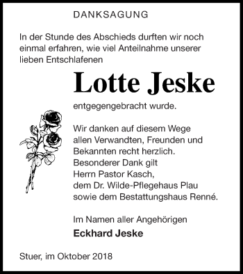 Traueranzeige von Lotte Jeske von Müritz-Zeitung