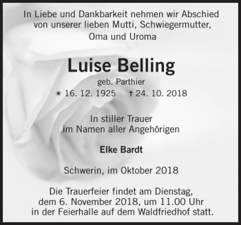 Traueranzeige von Luise Belling von Zeitung für die Landeshauptstadt