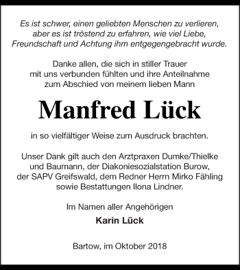 Traueranzeige von Manfred Lück von Neubrandenburger Zeitung