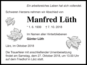 Traueranzeige von Manfred Lüth von Müritz-Zeitung