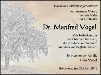 Traueranzeige von Manfred Vogel von Vorpommern Kurier