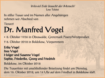 Traueranzeige von Manfred Vogel von Vorpommern Kurier