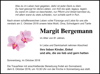 Traueranzeige von Margit Bergemann von Pasewalker Zeitung