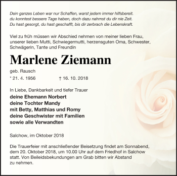 Traueranzeige von Marlene Ziemann von Vorpommern Kurier