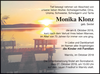 Traueranzeige von Monika Klonz von Prenzlauer Zeitung