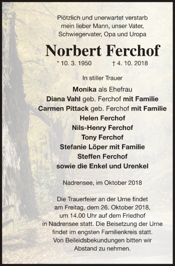 Traueranzeige von Norbert Ferchof von Pasewalker Zeitung