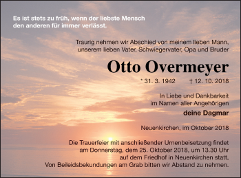 Traueranzeige von Otto Overmeyer von Vorpommern Kurier