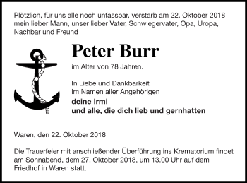 Traueranzeige von Peter Burr von Müritz-Zeitung