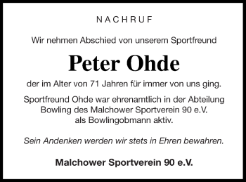 Traueranzeige von Peter Ohde von Müritz-Zeitung