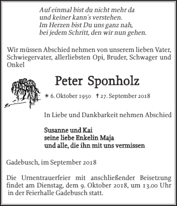 Traueranzeige von Peter Sponholz von Gadebusch-Rehnaer Zeitung