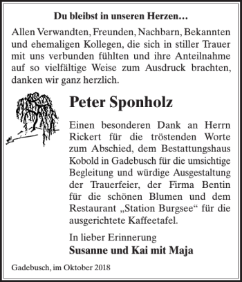 Traueranzeige von Peter Sponholz von Gadebusch-Rehnaer Zeitung