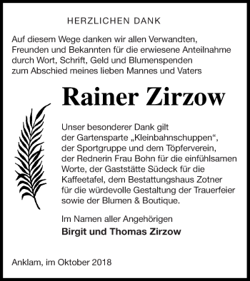 Traueranzeige von Rainer Zirzow von Vorpommern Kurier