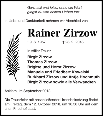 Traueranzeige von Rainer Zirzow von Vorpommern Kurier