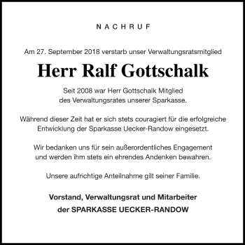 Traueranzeige von Ralf Gottschalk von Haff-Zeitung