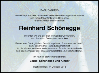 Traueranzeige von Reinhard Schönegge von Vorpommern Kurier