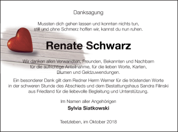 Traueranzeige von Renate Schwarz von Neubrandenburger Zeitung