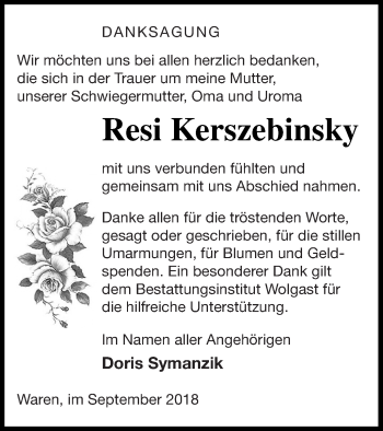 Traueranzeige von Resi Kerszebinsky von Müritz-Zeitung