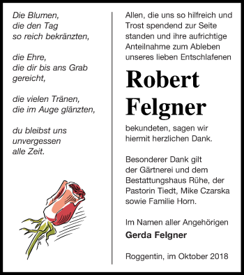 Traueranzeige von Robert Felgner von Strelitzer Zeitung