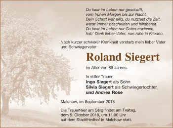 Traueranzeige von Roland Siegert von Müritz-Zeitung