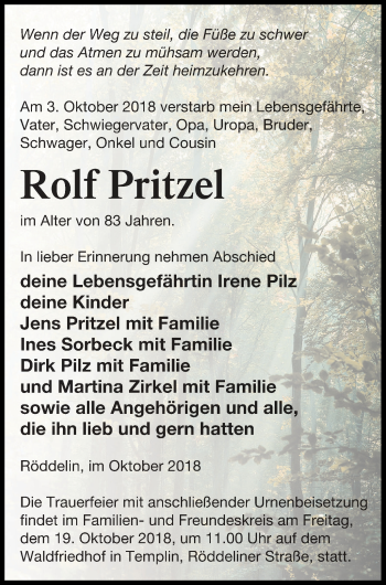 Traueranzeige von Rolf Pritzel von Templiner Zeitung