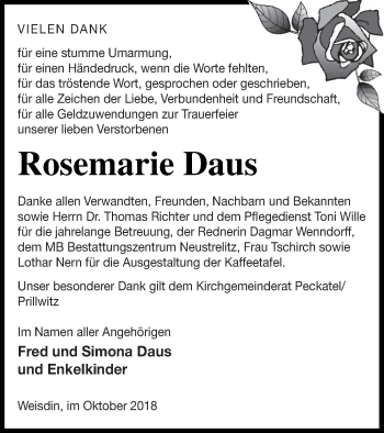 Traueranzeige von Rosemarie Daus von Strelitzer Zeitung