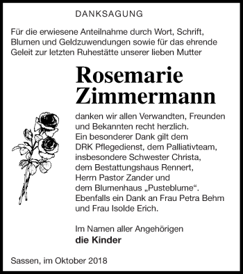 Traueranzeige von Rosemarie Zimmermann von Vorpommern Kurier