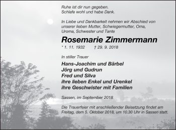 Traueranzeige von Rosemarie Zimmermann von Vorpommern Kurier