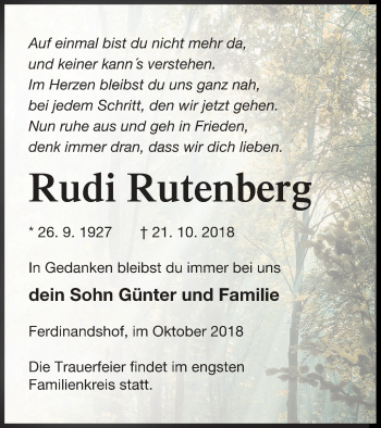 Traueranzeige von Rudi Rutenberg von Haff-Zeitung