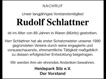 Traueranzeige von Rudolf Schlattner von Müritz-Zeitung