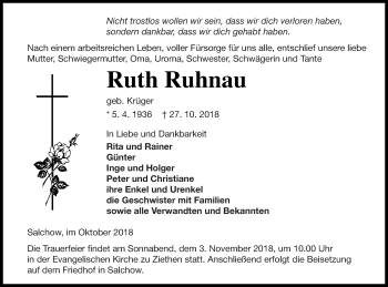 Traueranzeige von Ruth Ruhnau von Vorpommern Kurier