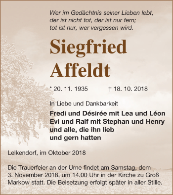 Traueranzeige von Siegfried Affeldt von Mecklenburger Schweiz