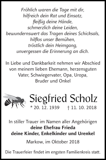 Traueranzeige von Siegfried Scholz von Mecklenburger Schweiz