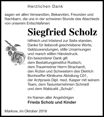 Traueranzeige von Siegfried Scholz von Mecklenburger Schweiz