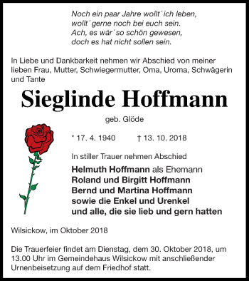 Traueranzeige von Sieglinde Hoffmann von Pasewalker Zeitung