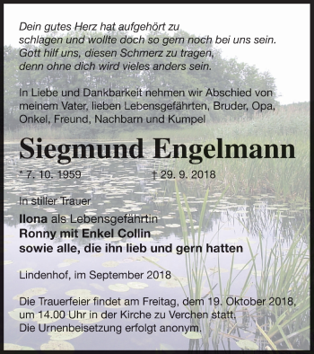 Traueranzeige von Siegmund Engelmann von Demminer Zeitung