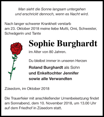 Traueranzeige von Sophie Burghardt von Pasewalker Zeitung