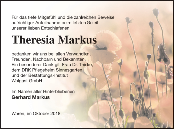Traueranzeige von Theresia Markus von Müritz-Zeitung
