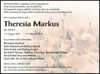 Traueranzeige von Theresia Markus von Müritz-Zeitung