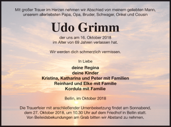 Traueranzeige von Udo Grimm von Haff-Zeitung