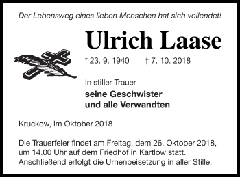 Traueranzeige von Ulrich Laase von Vorpommern Kurier