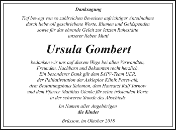 Traueranzeige von Ursula Gombert von Pasewalker Zeitung