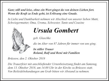 Traueranzeige von Ursula Gombert von Pasewalker Zeitung